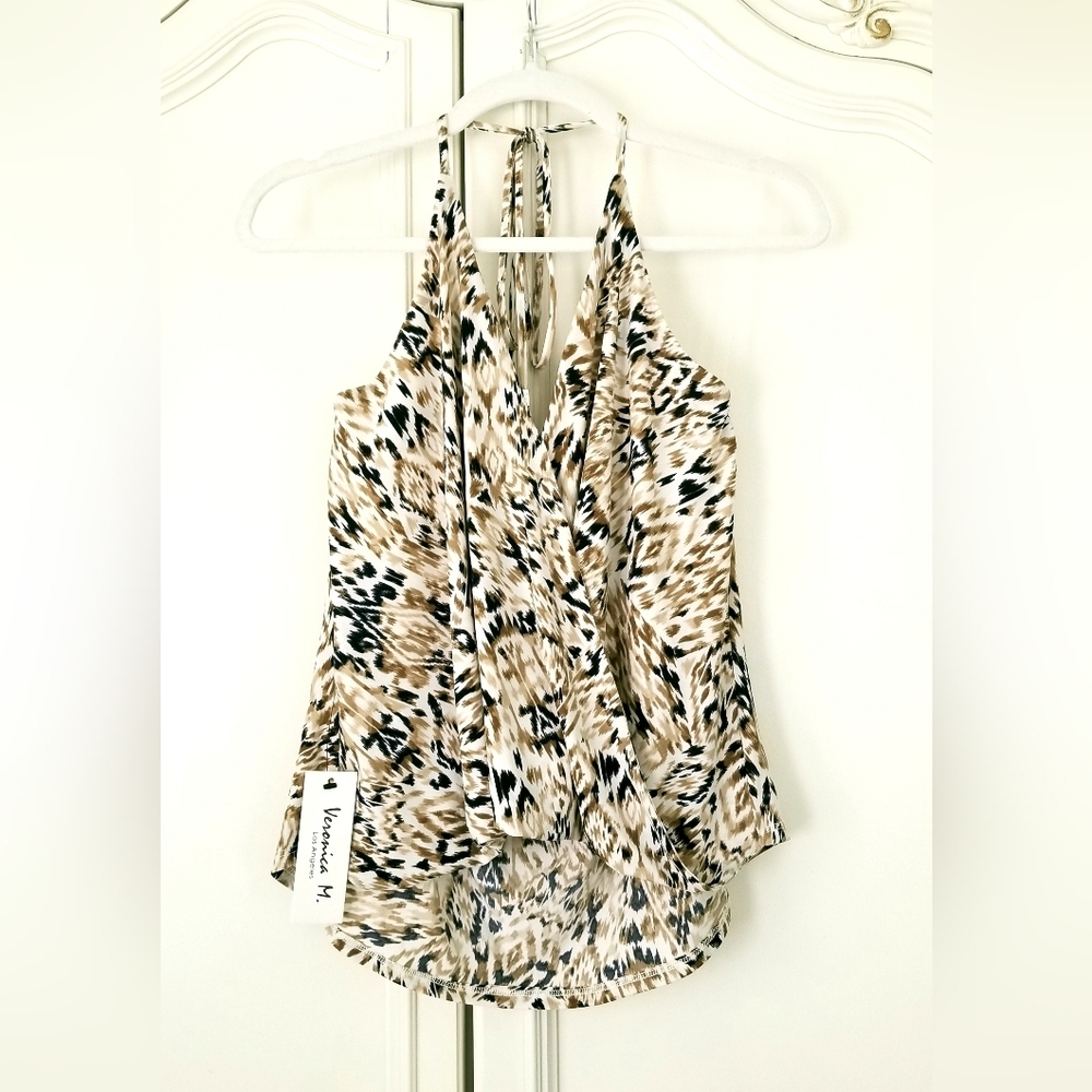 Veronica M White Tan Black Southwest Ikat Pattern Cross Front Halter Top XL NWT